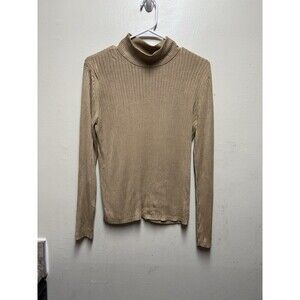 VTG Liz Claiborne Collection Mock Neck 100 Silk Sweater Ribbed Tan Women's Large